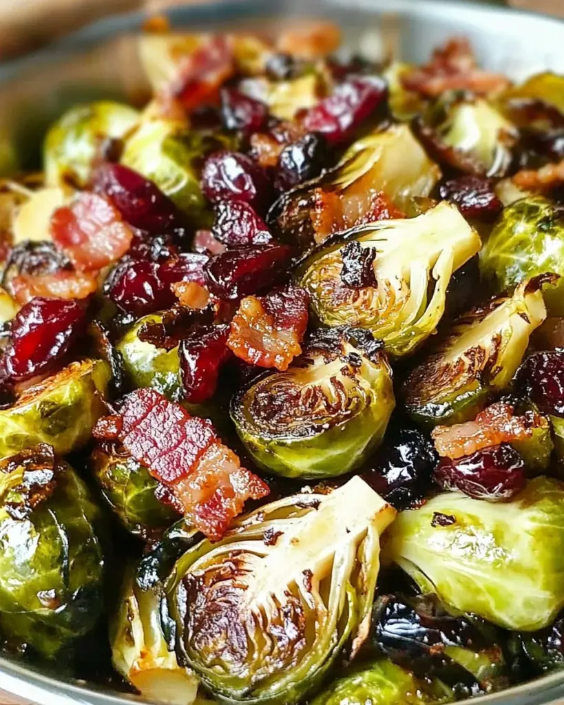 Maple Balsamic Roasted Brussel Sprouts with Bacon and Cranberries