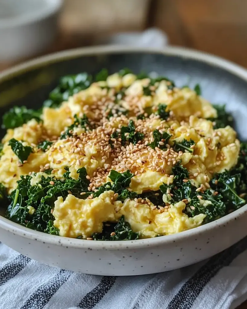 Œufs brouillés au chou kale et sésame